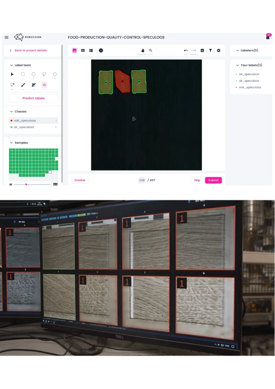 Inline AI quality control for biscuits and laminate flooring